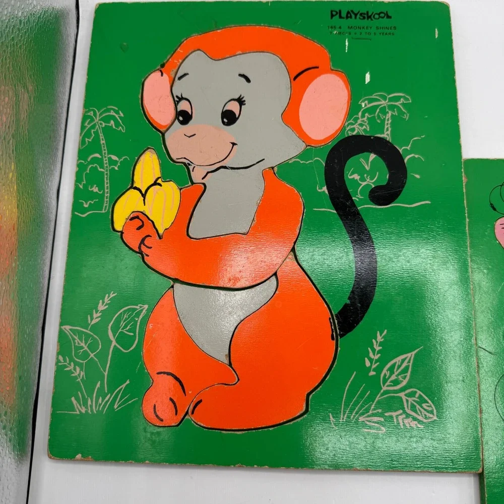 Playskool Wood Tray Puzzles Kids Preschool Green Monkey Shines For My Bath 2pk